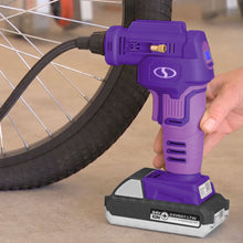 Load image into Gallery viewer, Sun Joe 24V-AJC-LTW-PRP 24-Volt iON+ Cordless Portable Air Comporessor Kit | W/ 1.3-Ah Battery, Charger, Storage Bag, and Nozzle Adapters (Purple)
