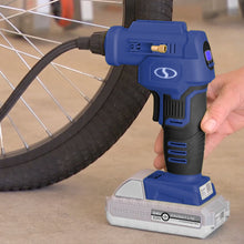 Load image into Gallery viewer, Sun Joe 24V-AJC-LTE-SJB-RM 24-Volt iON+ Cordless Portable Air Compressor Kit with Nozzle Adapters, Automatic Digital Pressure Gauge, Built-in LED Light &amp; Case, and 2.0-Ah Battery and Charger (Blue) (Certified Refurbished)
